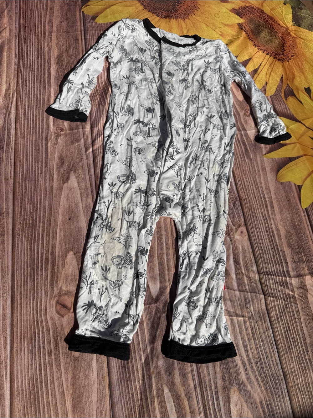Magnetic Me White One-Piece Bodysuit with Black Trim and Safari Sketch Print